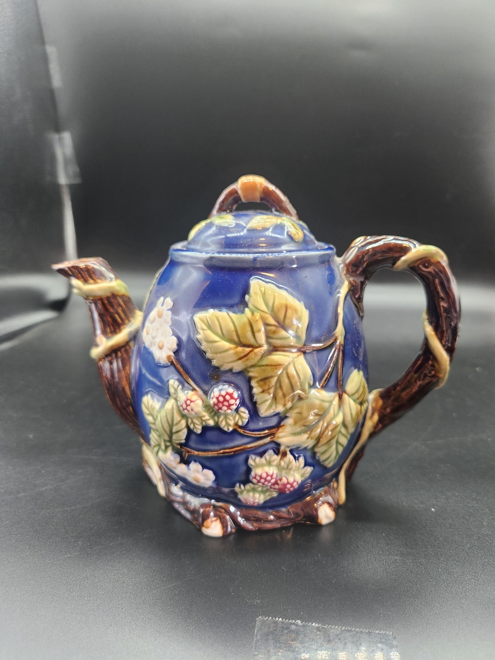 Vintage Cobalt Blue Nouveau Majolica Ceramic Teapot